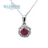 14 Karat White Gold Pendant with One 4mm Round Natural Ruby and 8 Roun